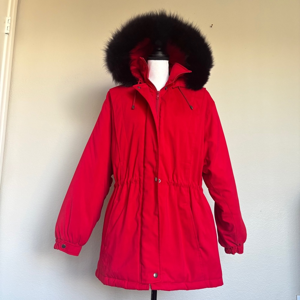 Bromley Sport Coat Solid Red Black Fox Fur Removable Hood Pockets Women's Size L